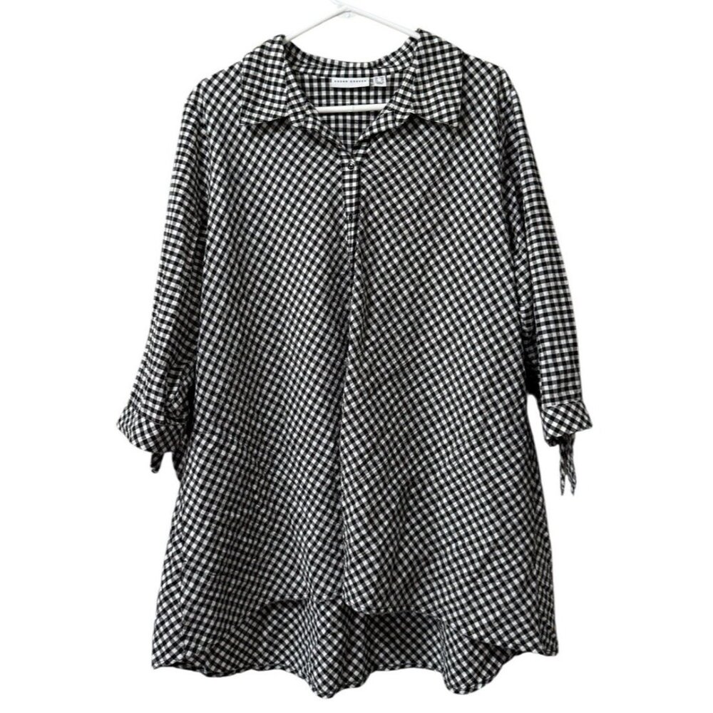 Susan Graver Checkered Tunic Top Button Down Size 20W Tie Sleeves Country Modern